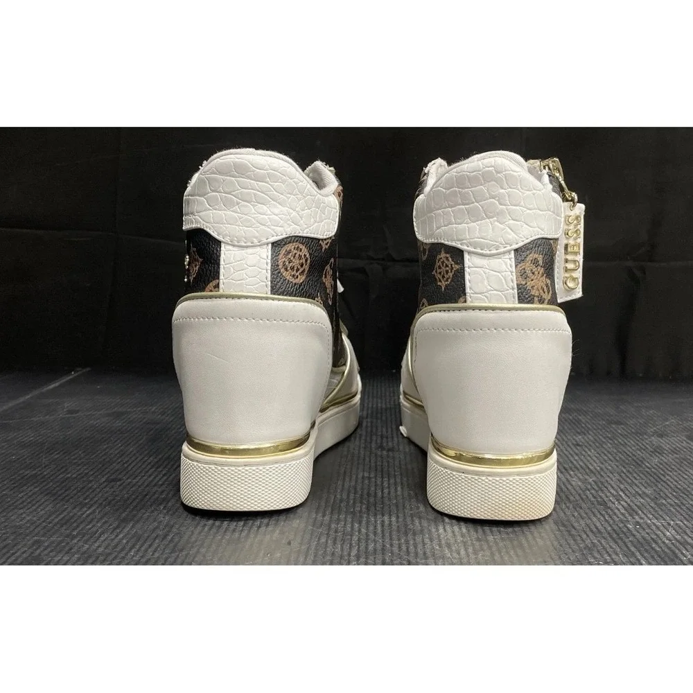 Guess 🤎🖤💛Wedge Heel Sneakers White Leather Gold Trim Monogram‎ Logo Size 5 US